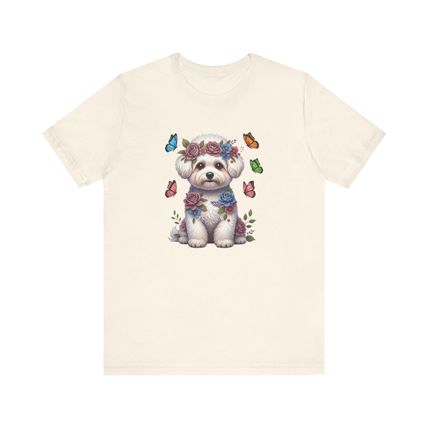 Whimsical Floral Bichon Frise Tee – Colorful Dog Lover Shirt with Butterflies