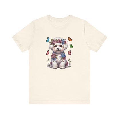 Whimsical Floral Bichon Frise Tee – Colorful Dog Lover Shirt with Butterflies