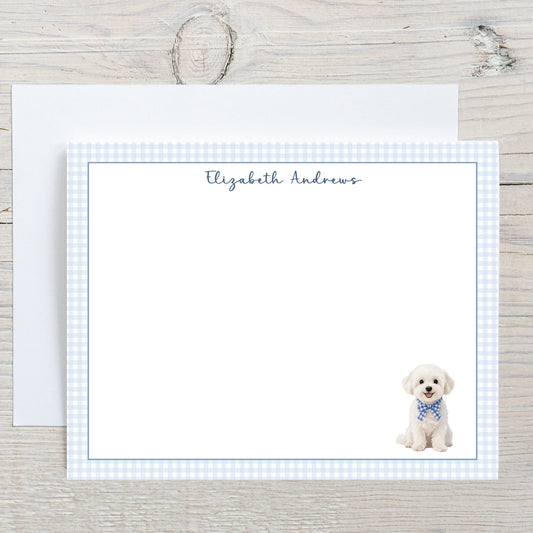 Maltese Dog Blue Gingham Personalized Notecard Set