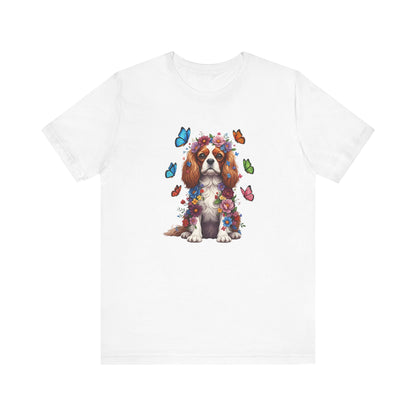Whimsical Floral Cavalier King Charles Spaniel Tee – Colorful Dog Lover Shirt with Butterflies