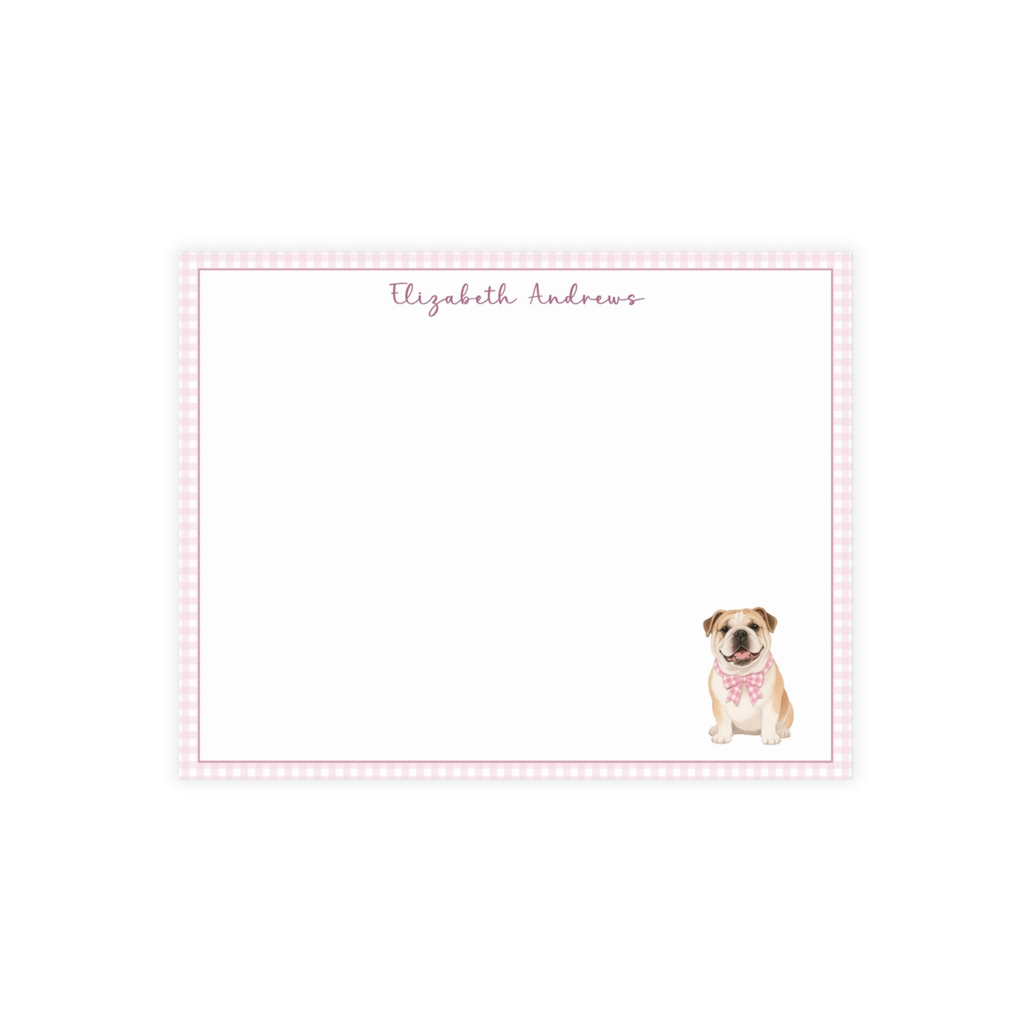 English Bulldog Pink Gingham Personalized Notecard Set