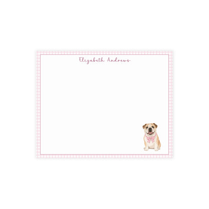 English Bulldog Pink Gingham Personalized Notecard Set