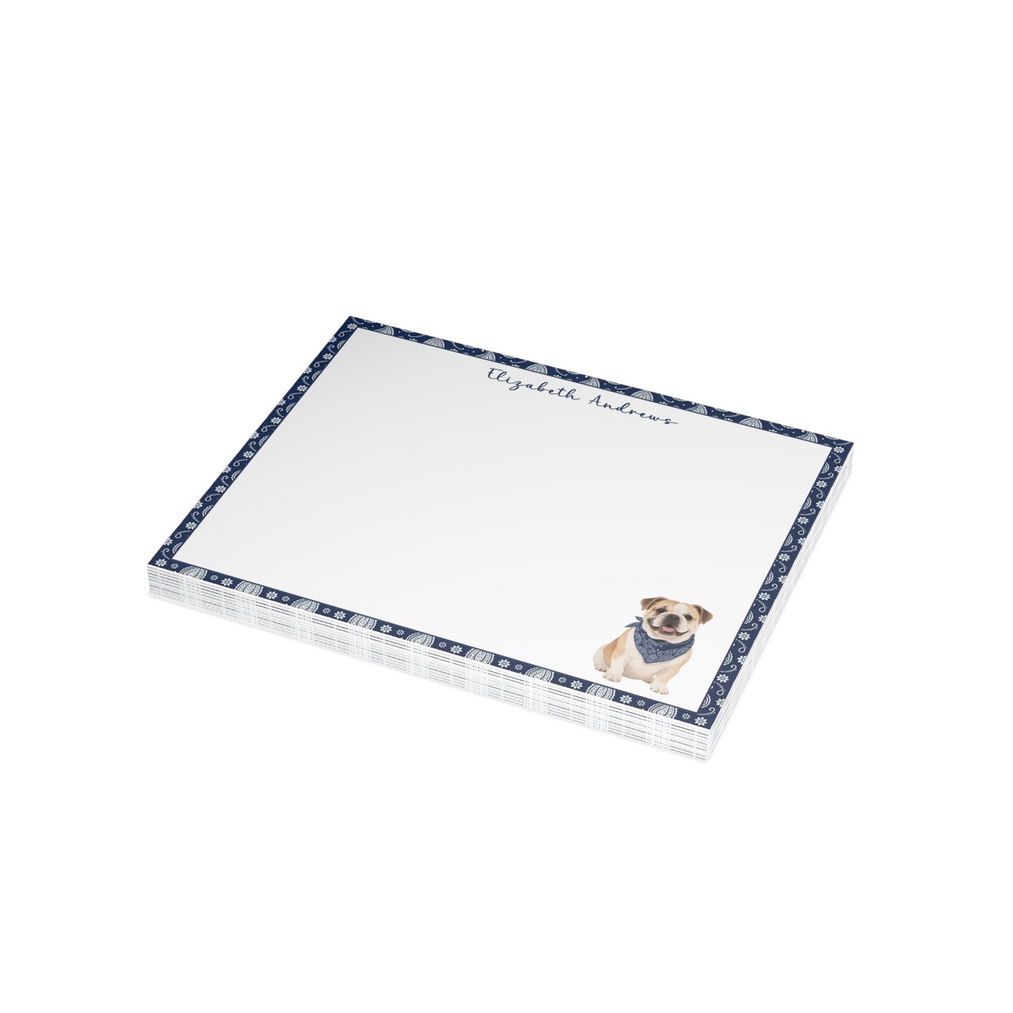 Personalized English Bulldog Navy Blue Paisley Notecard Set