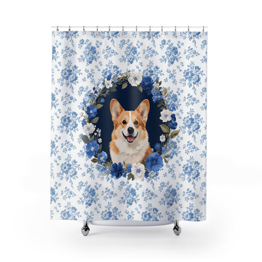 Corgi Dog Blue Floral Shower Curtain – Dog Portrait Bath Decor