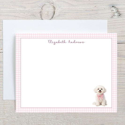 Maltese Dog Pink Gingham Personalized Notecard Set