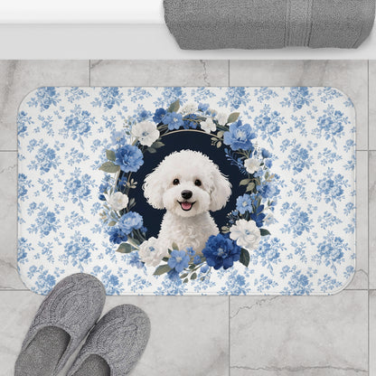 Blue Floral Bichon Bath Mat – Cute Bichon Frise Dog Bathroom Rug