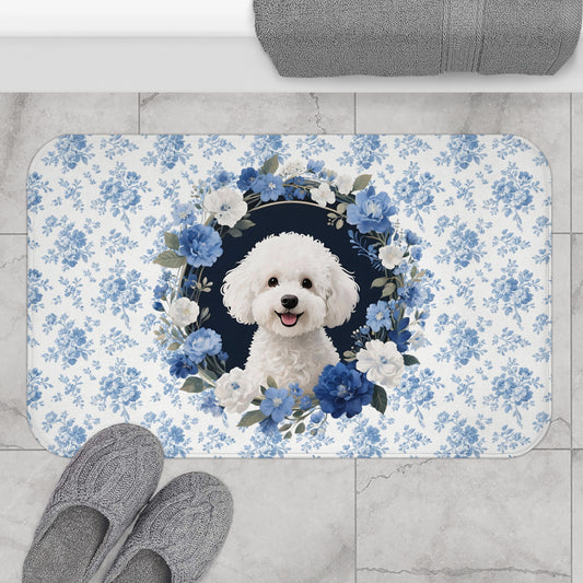 Blue Floral Bichon Bath Mat – Cute Bichon Frise Dog Bathroom Rug