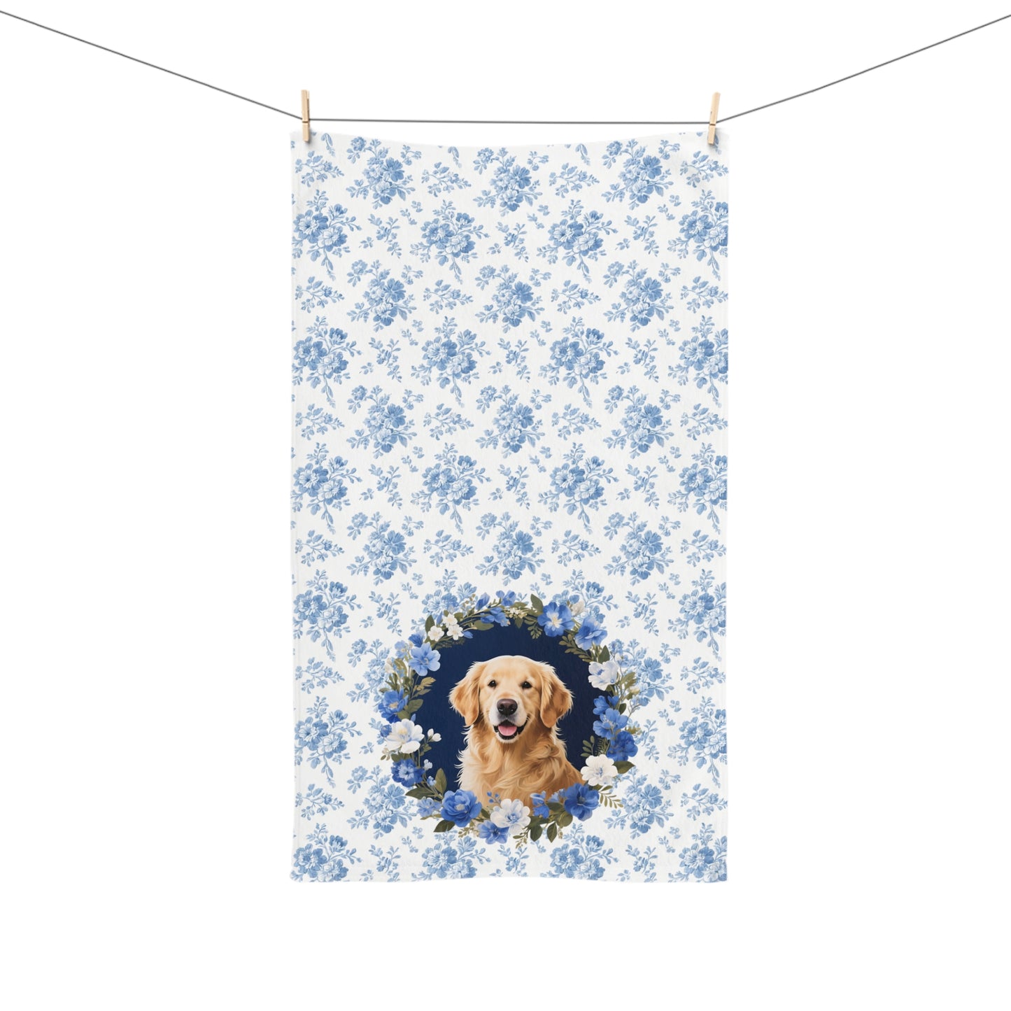 Blue Floral Golden Retriever Dog Portrait Hand Towel – Cute Pet Bathroom Accessory
