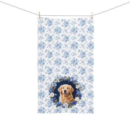 Blue Floral Golden Retriever Dog Portrait Hand Towel – Cute Pet Bathroom Accessory