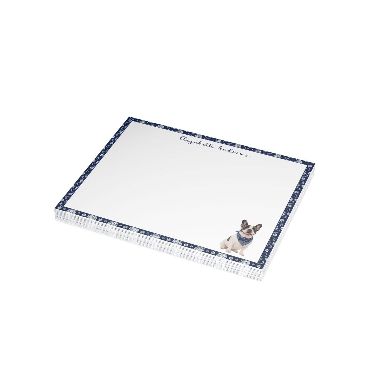 Personalized French Bulldog Navy Blue Paisley Notecard Set