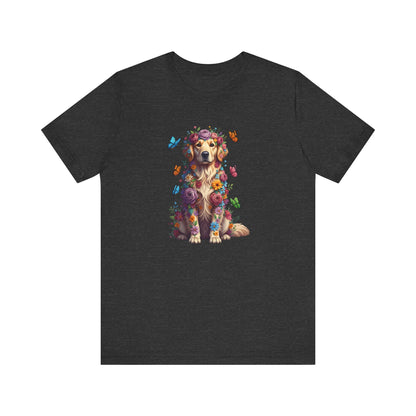 Whimsical Floral Golden Retriever Tee – Colorful Dog Lover Shirt with Butterflies