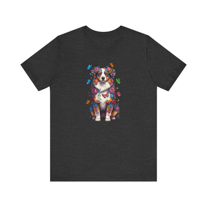 Whimsical Floral Australian Shepherd Tee – Colorful Dog Lover Shirt with Butterflies