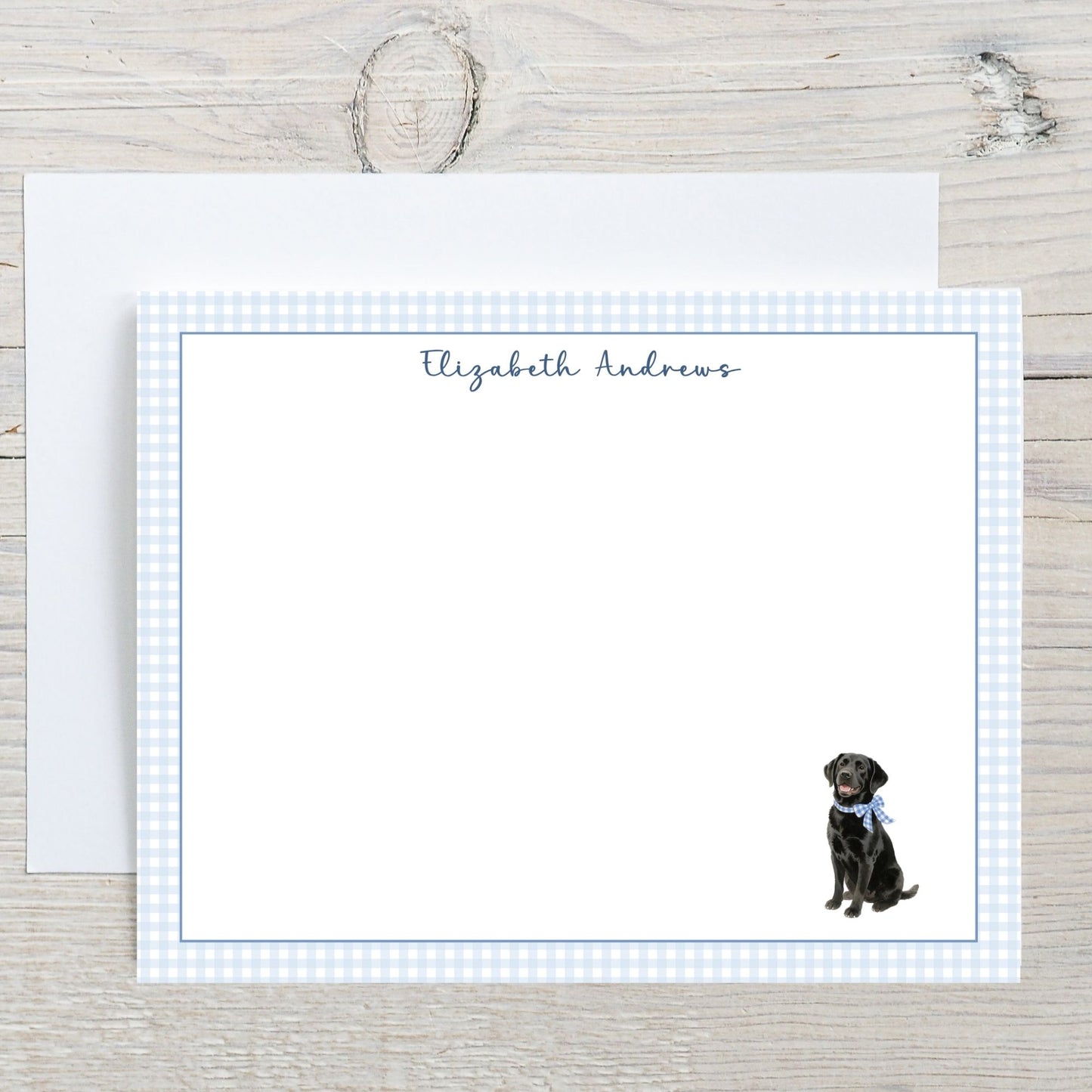 Black Labrador Retriever Dog Blue Gingham Personalized Notecard Set