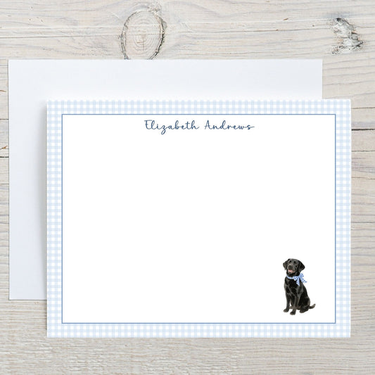 Black Labrador Retriever Dog Blue Gingham Personalized Notecard Set