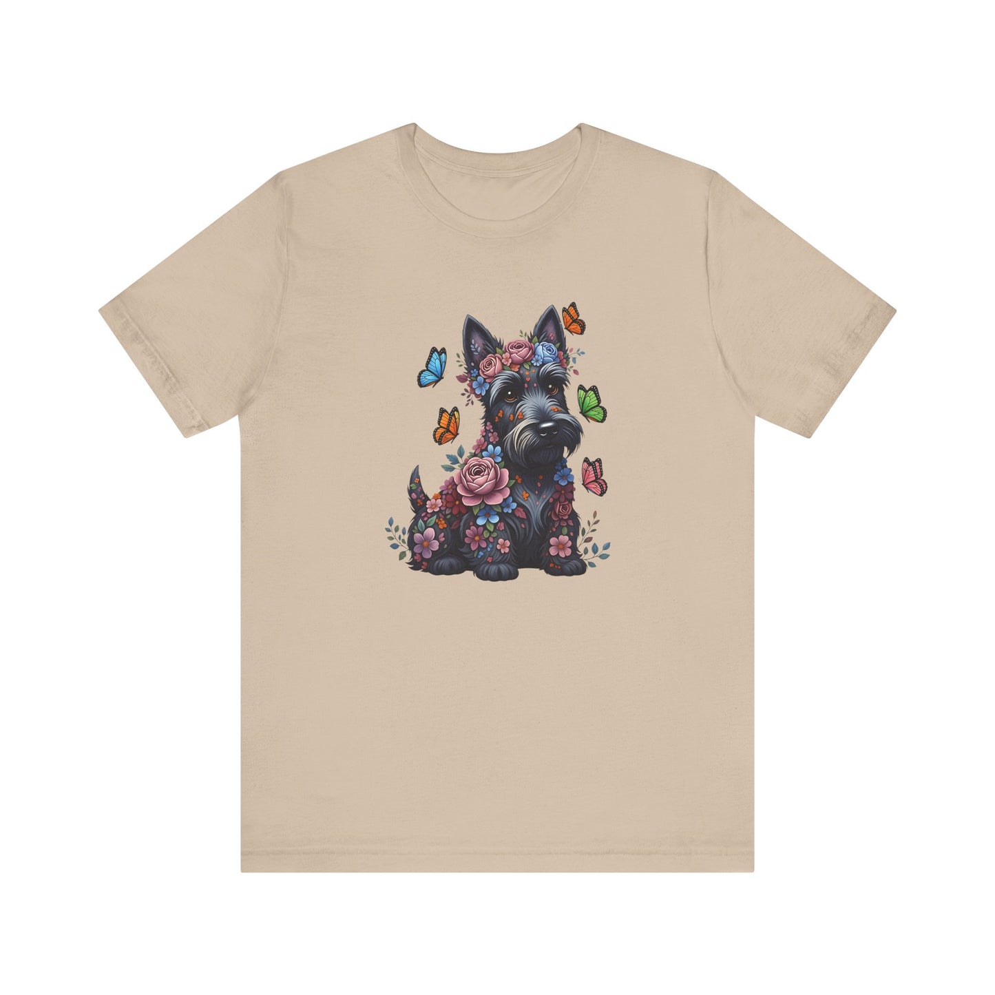 Whimsical Floral Scottish Terrier Tee – Colorful Dog Lover Shirt with Butterflies