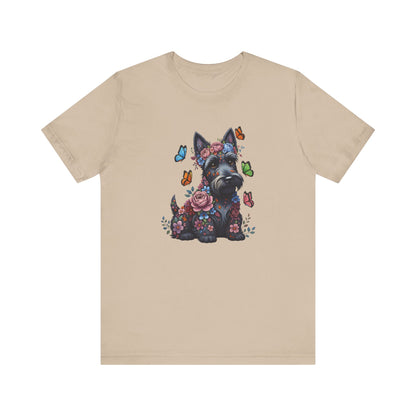 Whimsical Floral Scottish Terrier Tee – Colorful Dog Lover Shirt with Butterflies