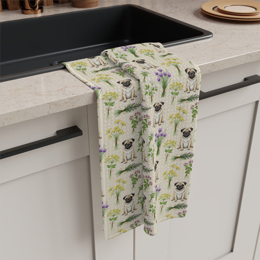 Pug Dog & Herbs Tea Towel - Floral Dog Kitchen Towel