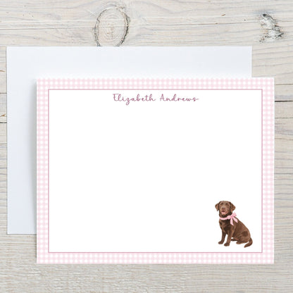 Chocolate Labrador Retriever Dog Pink Gingham Personalized Notecard Set