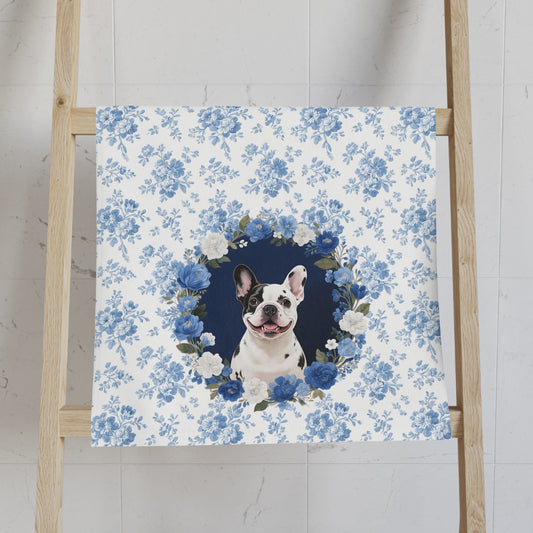 Blue Floral Pied French Bulldog Portrait Hand Towel – Cute Pet Bathroom Accessory