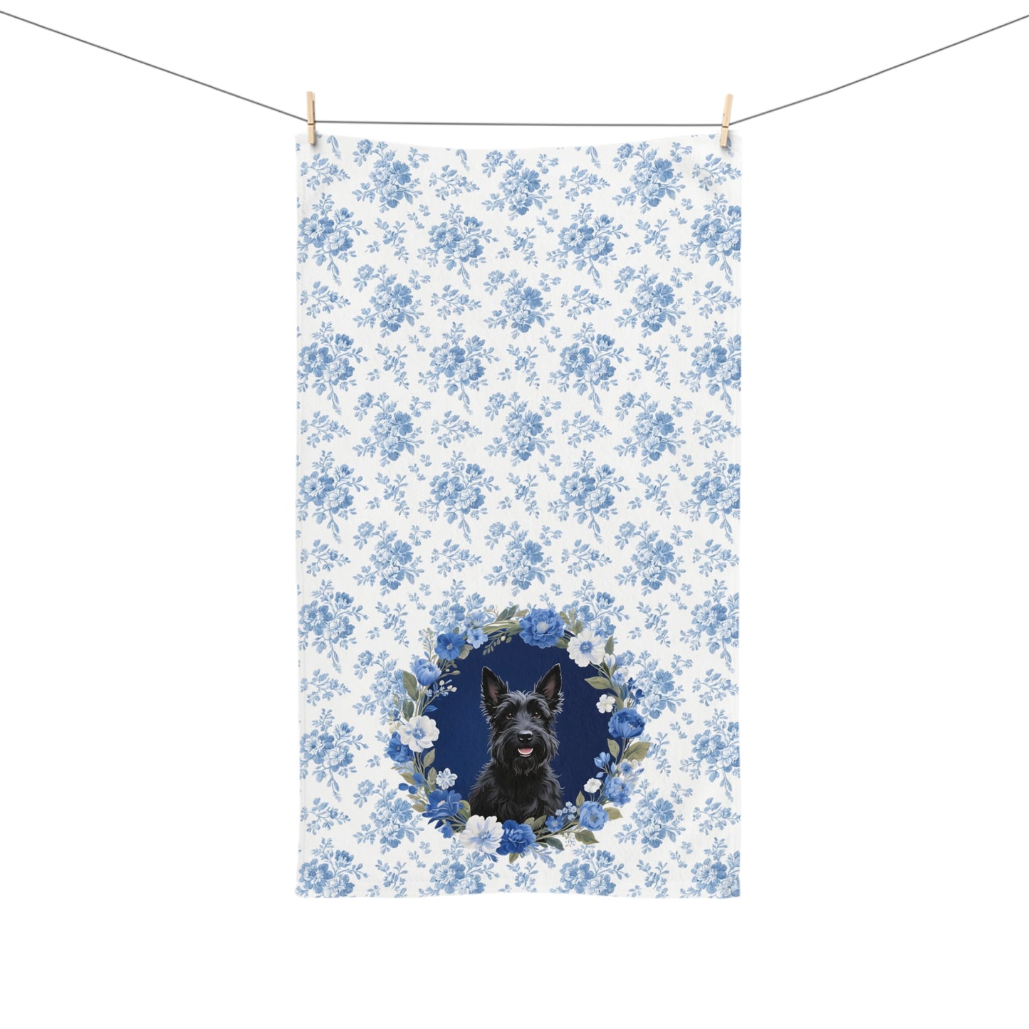 Blue Floral Scottish Terrier Dog Portrait Hand Towel – Cute Pet Bathroom Accessory