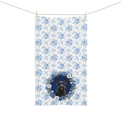 Blue Floral Scottish Terrier Dog Portrait Hand Towel – Cute Pet Bathroom Accessory