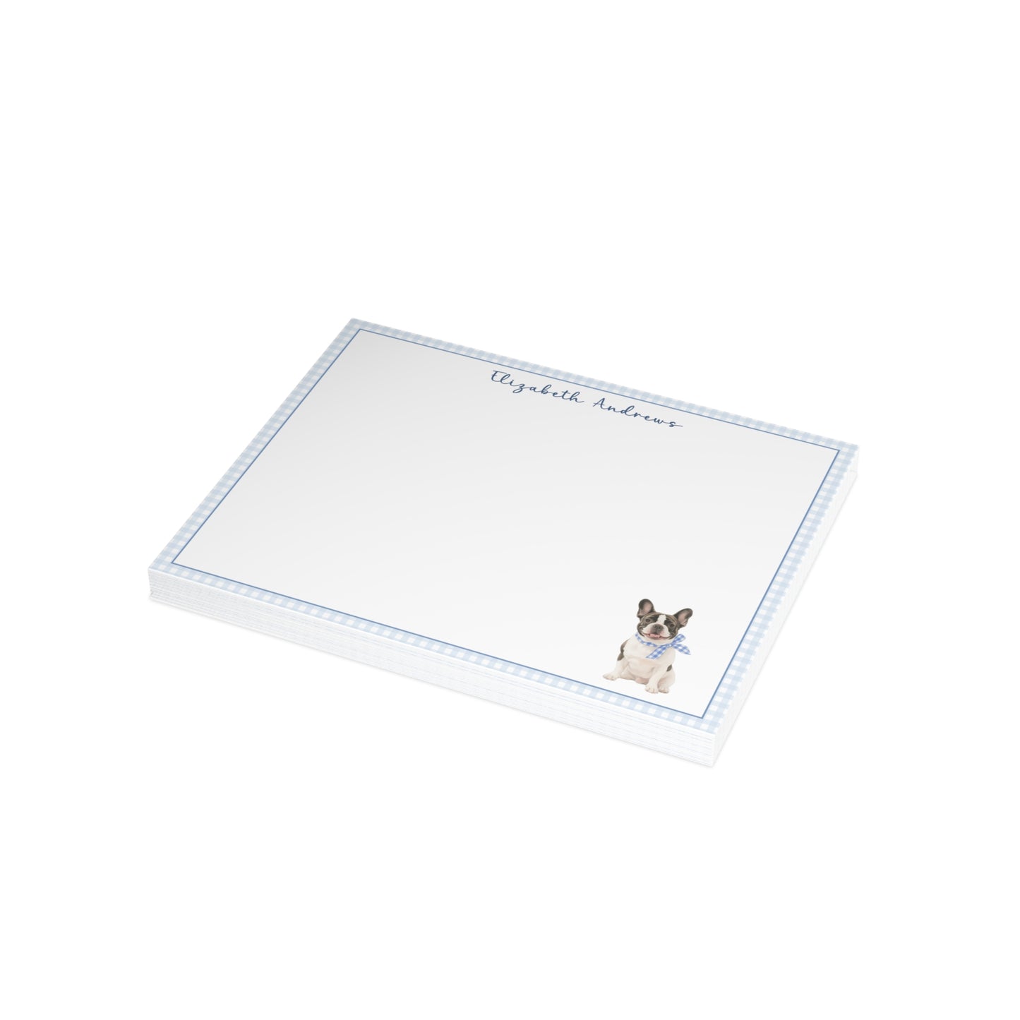 French Bulldog Blue Gingham Personalized Notecard Set