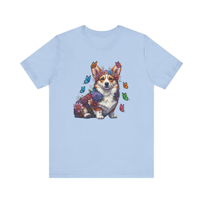 Whimsical Floral Corgi Tee – Colorful Dog Lover Shirt with Butterflies