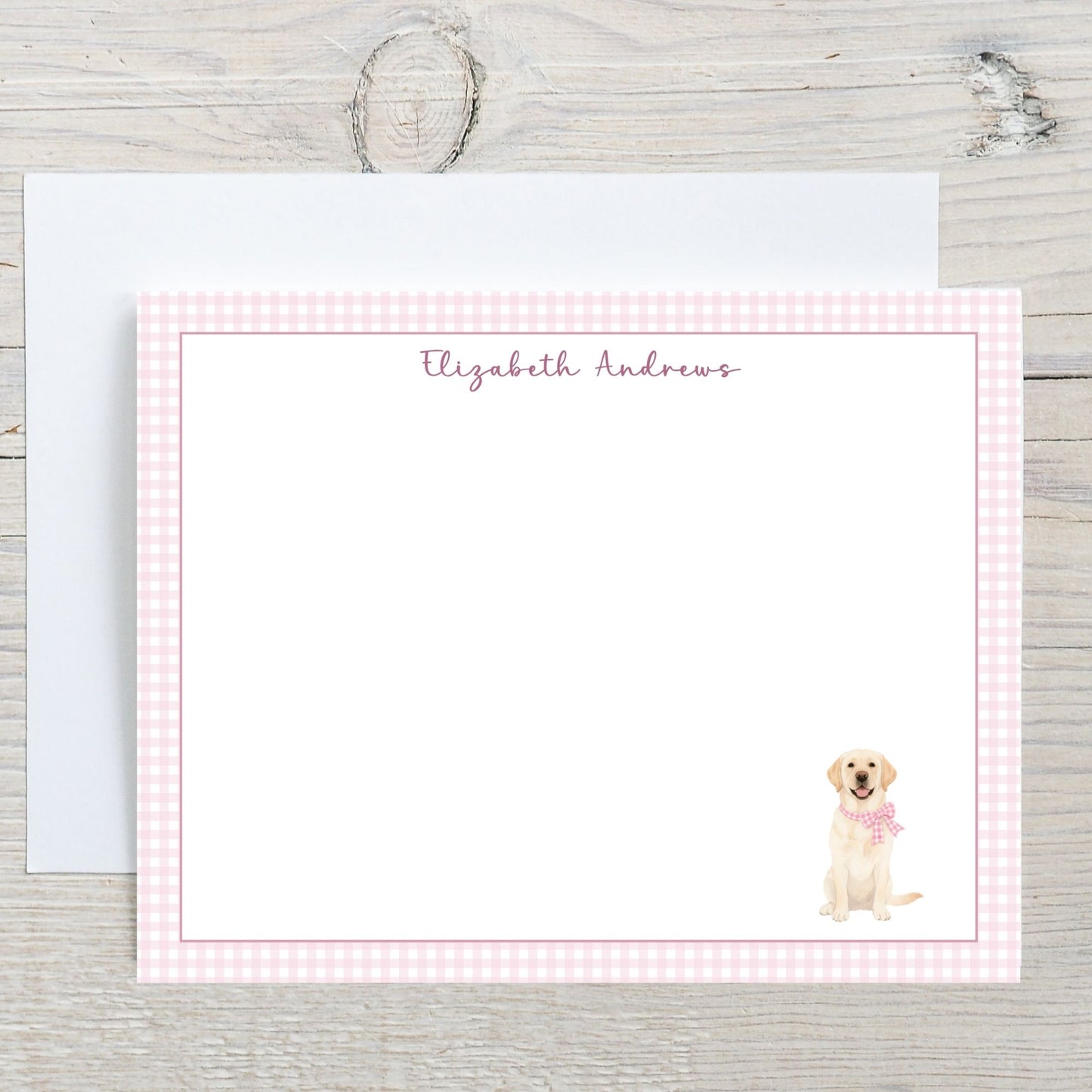 Labrador Retriever Dog Pink Gingham Personalized Notecard Set