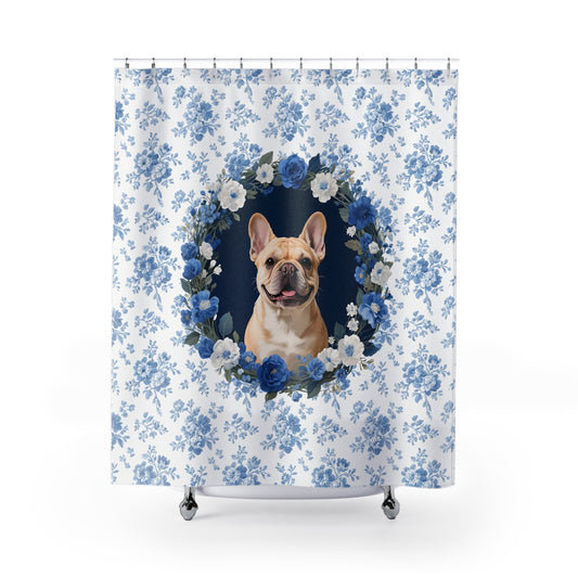 Fawn French Bulldog Dog Blue Floral Shower Curtain – Dog Portrait Bath Decor
