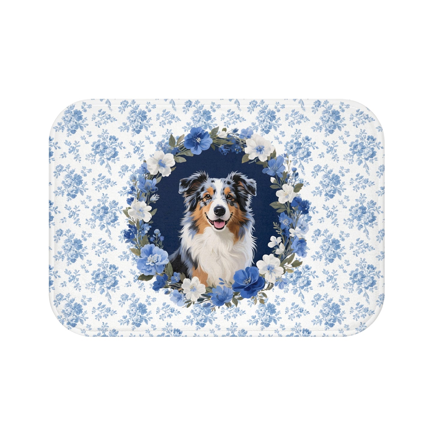 Blue Floral Aussie Bath Mat – Cute Australian Shepherd Dog Bathroom Rug