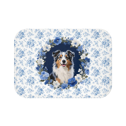 Blue Floral Aussie Bath Mat – Cute Australian Shepherd Dog Bathroom Rug