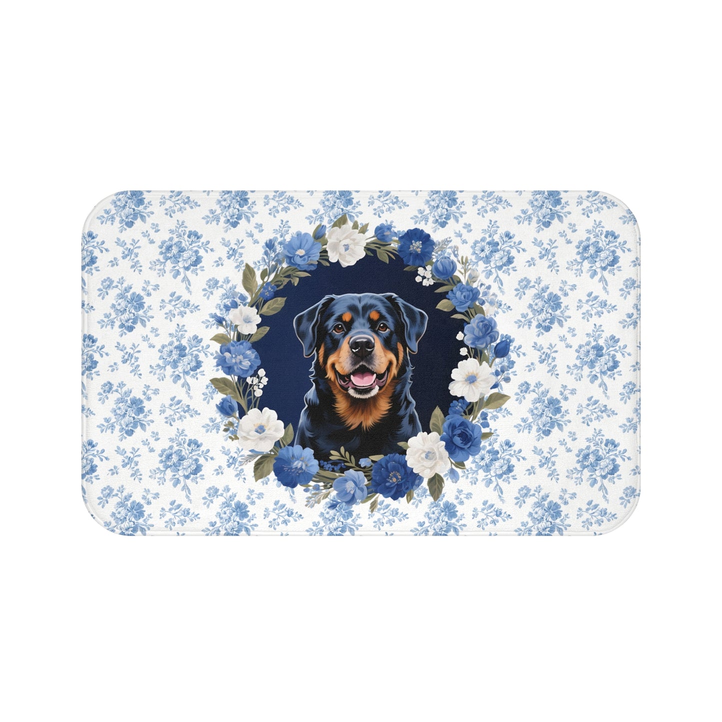 Blue Floral Rottie Bath Mat – Cute Rottweiler Dog Bathroom Rug