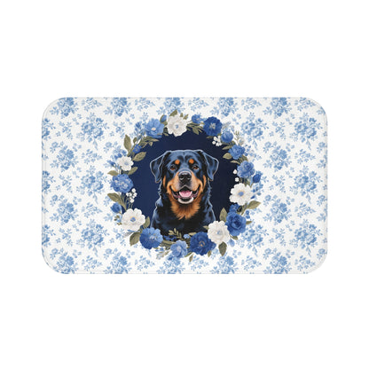 Blue Floral Rottie Bath Mat – Cute Rottweiler Dog Bathroom Rug