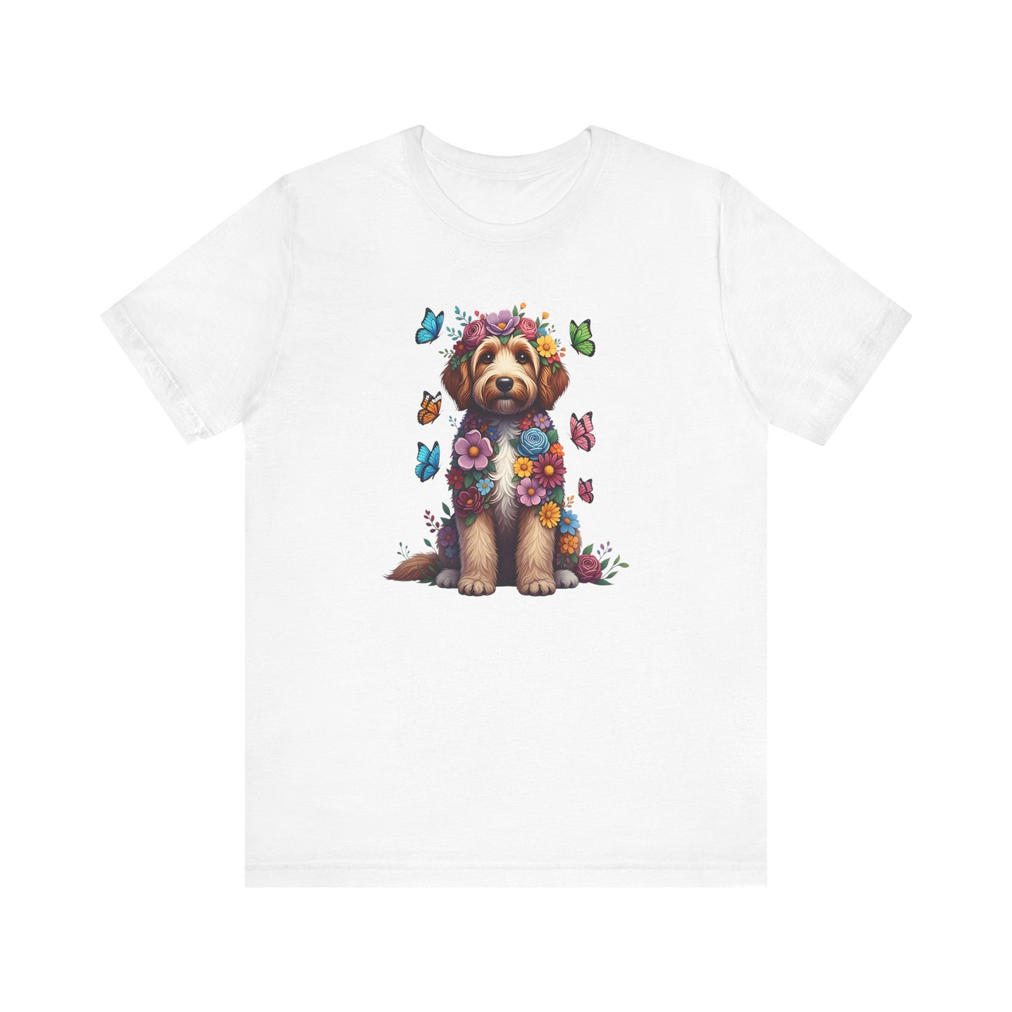 Whimsical Floral Goldendoodle Tee – Colorful Dog Lover Shirt with Butterflies