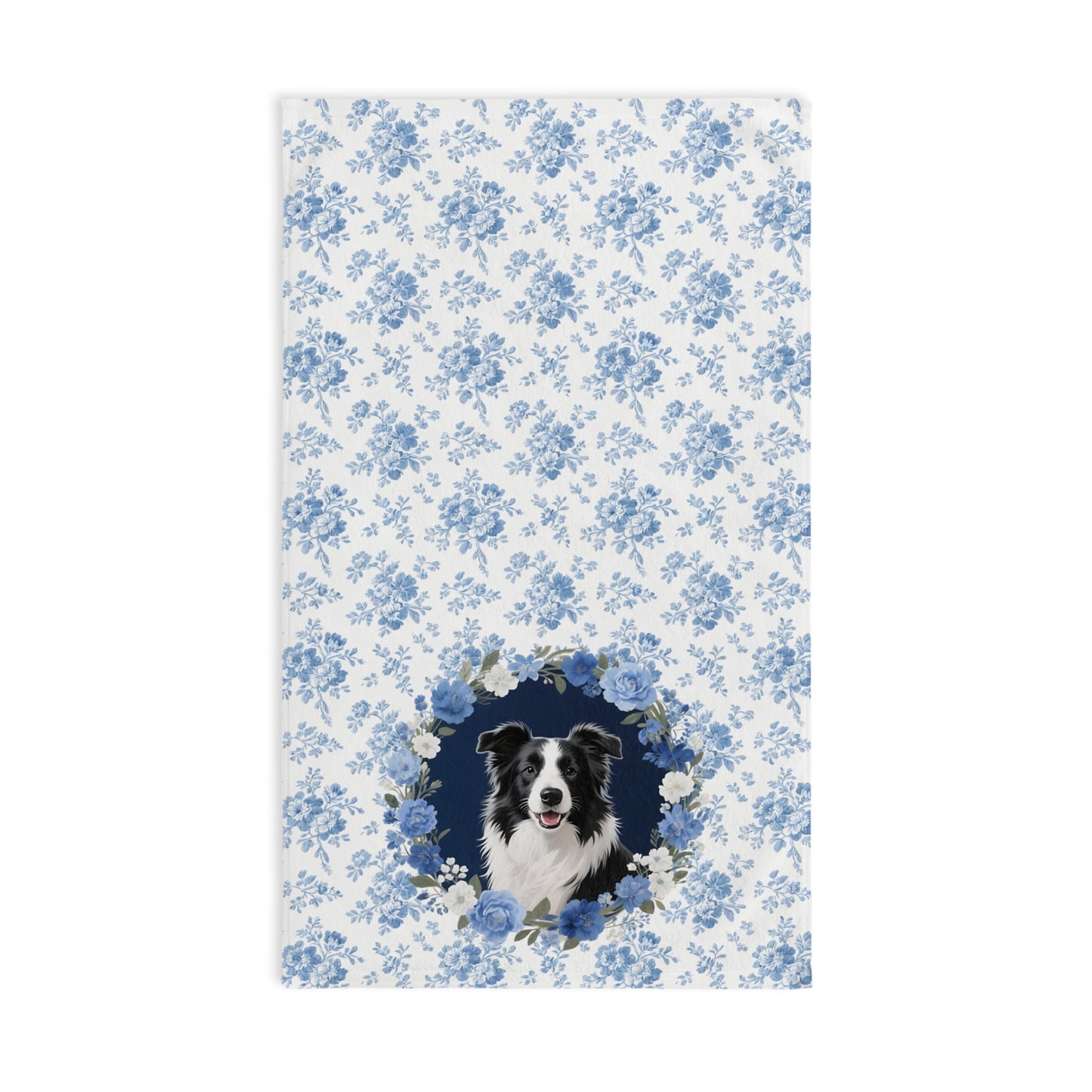 Blue Floral Border Collie Dog Portrait Hand Towel – Cute Pet Bathroom Accessory