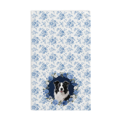 Blue Floral Border Collie Dog Portrait Hand Towel – Cute Pet Bathroom Accessory