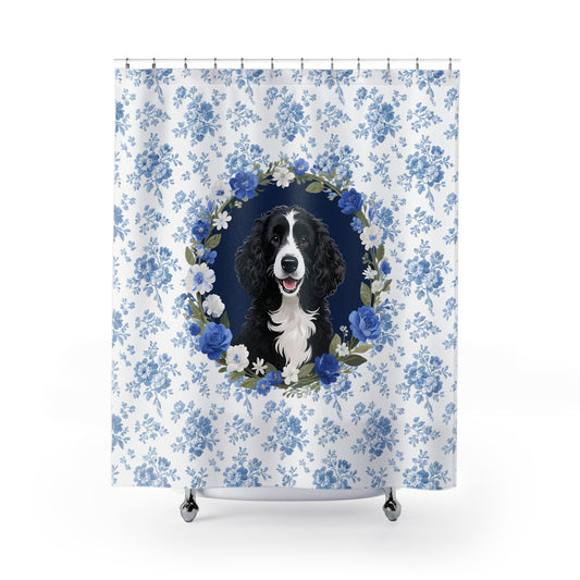 Portuguese Water Dog Blue Floral Shower Curtain – Dog Portrait Bath Decor