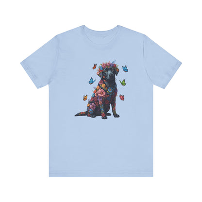 Whimsical Floral Black Labrador Retriever Tee – Colorful Dog Lover Shirt with Butterflies
