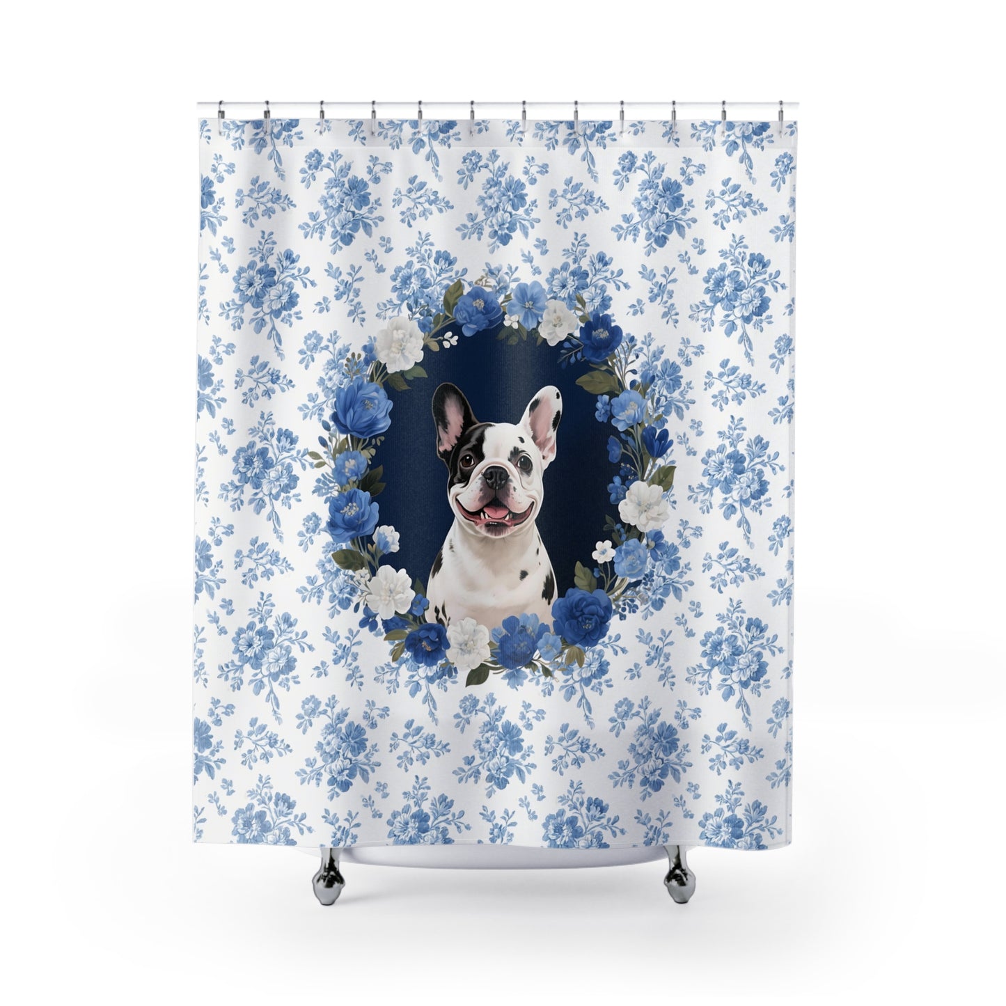 Pied French Bulldog Dog Blue Floral Shower Curtain – Dog Portrait Bath Decor