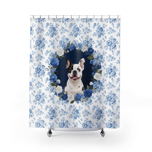Pied French Bulldog Dog Blue Floral Shower Curtain – Dog Portrait Bath Decor