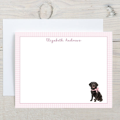 Black Labrador Retriever Dog Pink Gingham Personalized Notecard Set