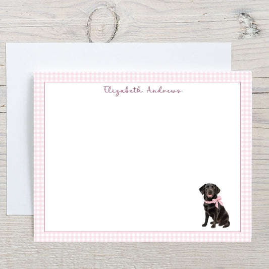 Black Labrador Retriever Dog Pink Gingham Personalized Notecard Set
