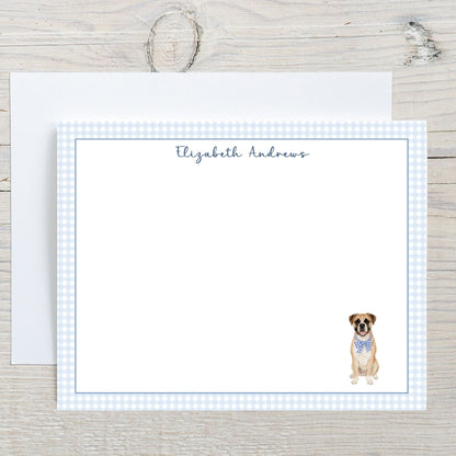 Boxer Dog Blue Gingham Personalized Notecard Set