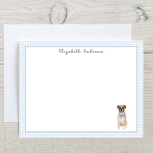 Boxer Dog Blue Gingham Personalized Notecard Set