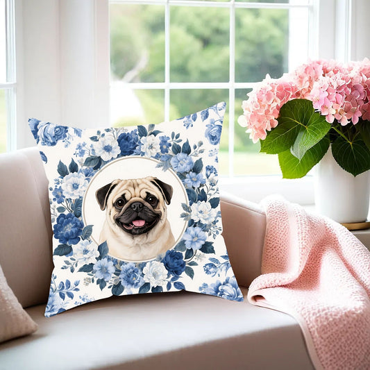 Pug Blue Floral Throw Pillow