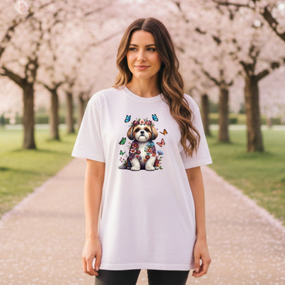 Whimsical Floral Shih Tzu Tee – Colorful Dog Lover Shirt with Butterflies