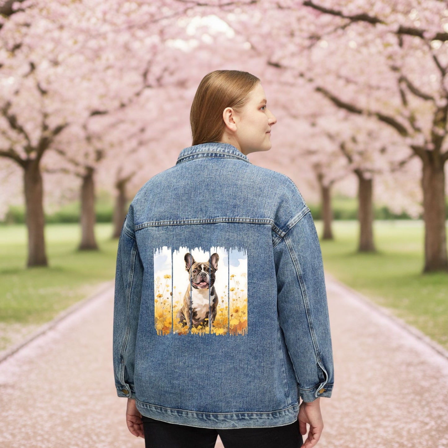 Trendy French Bulldog Women's Denim Jacket, Dog Demin Jacket, Gift for Frenchie Dog Mom, Gift for Dog Lovers, Fall Dog Style