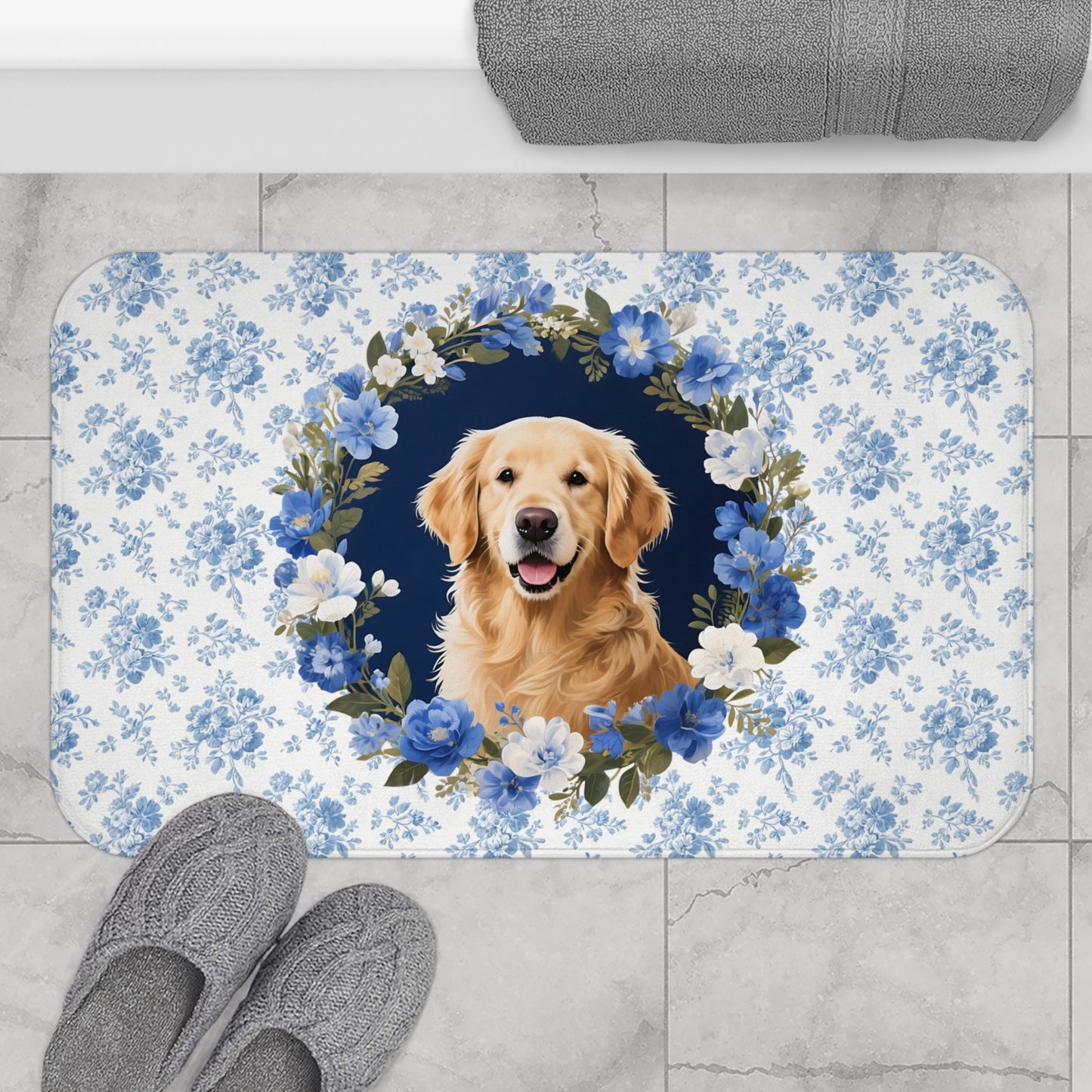 Blue Floral Golden Bath Mat – Cute Golden Retriever Dog Bathroom Rug