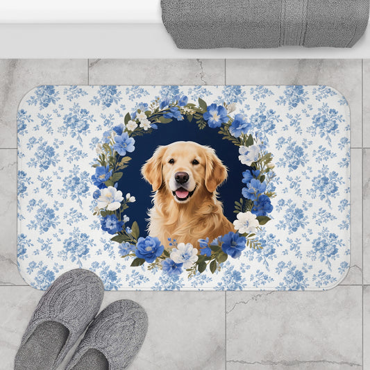 Blue Floral Golden Bath Mat – Cute Golden Retriever Dog Bathroom Rug
