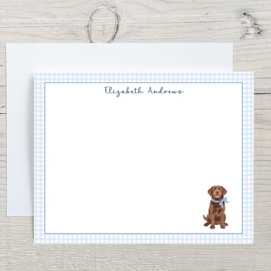 Chocolate Labrador Retriever Dog Blue Gingham Personalized Notecard Set